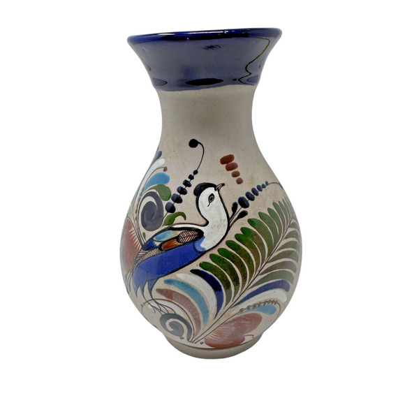 Vintage Tonala Mexican Pottery Vase Bird Floral Design Signed Folk Art 6.5” EUC - Picture 2 of 14